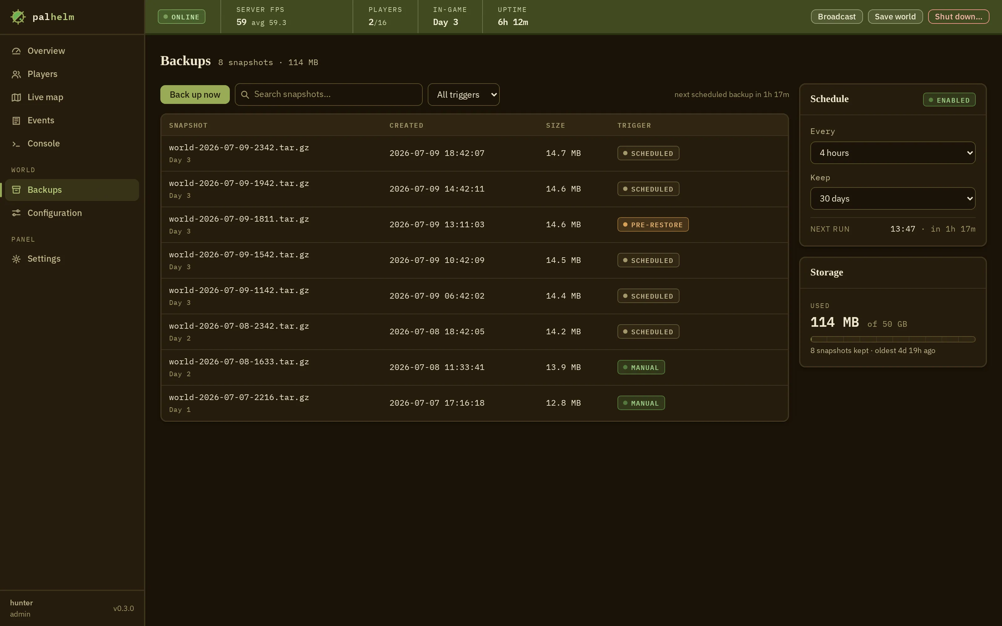 The backups screen: a list of snapshots with sizes and timestamps, retention settings, and a restore action guarded by a dry-run diff and a typed confirmation.
