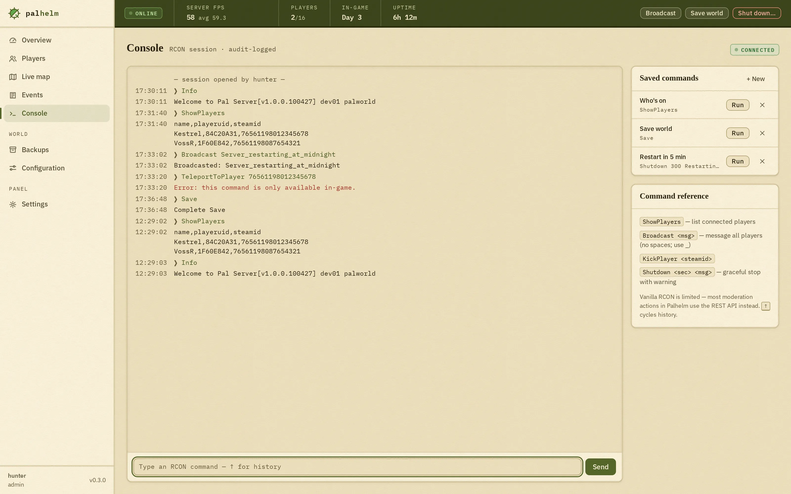 The remote console screen: a scrolling command log, an input line, saved commands, and inline notes about the limits of the game's console.