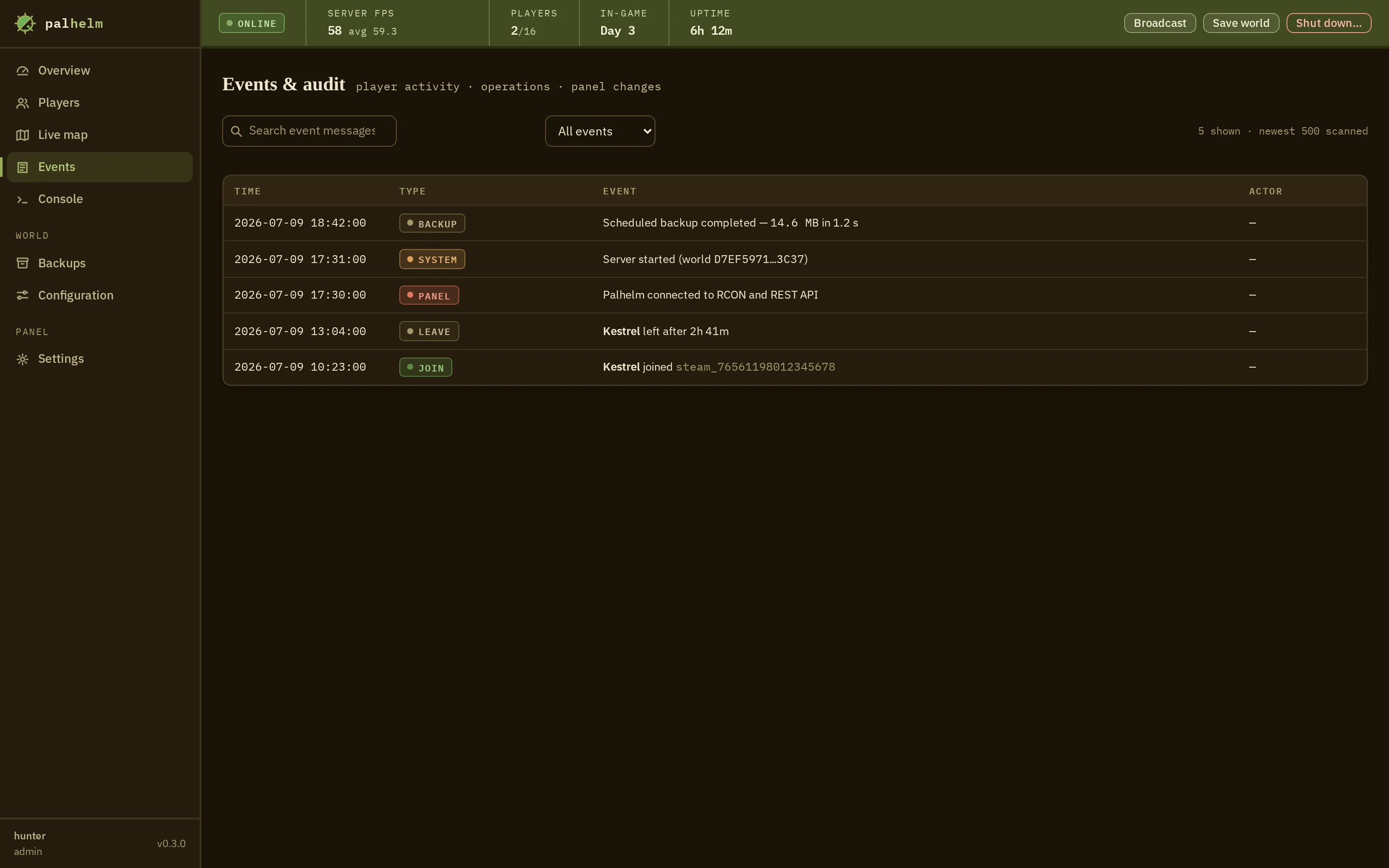 The events and audit screen: a searchable, type-filterable table of timestamped events. Joins, leaves with session durations, backups, server starts and panel connections, each tagged JOIN, LEAVE, BACKUP, SYSTEM or PANEL.