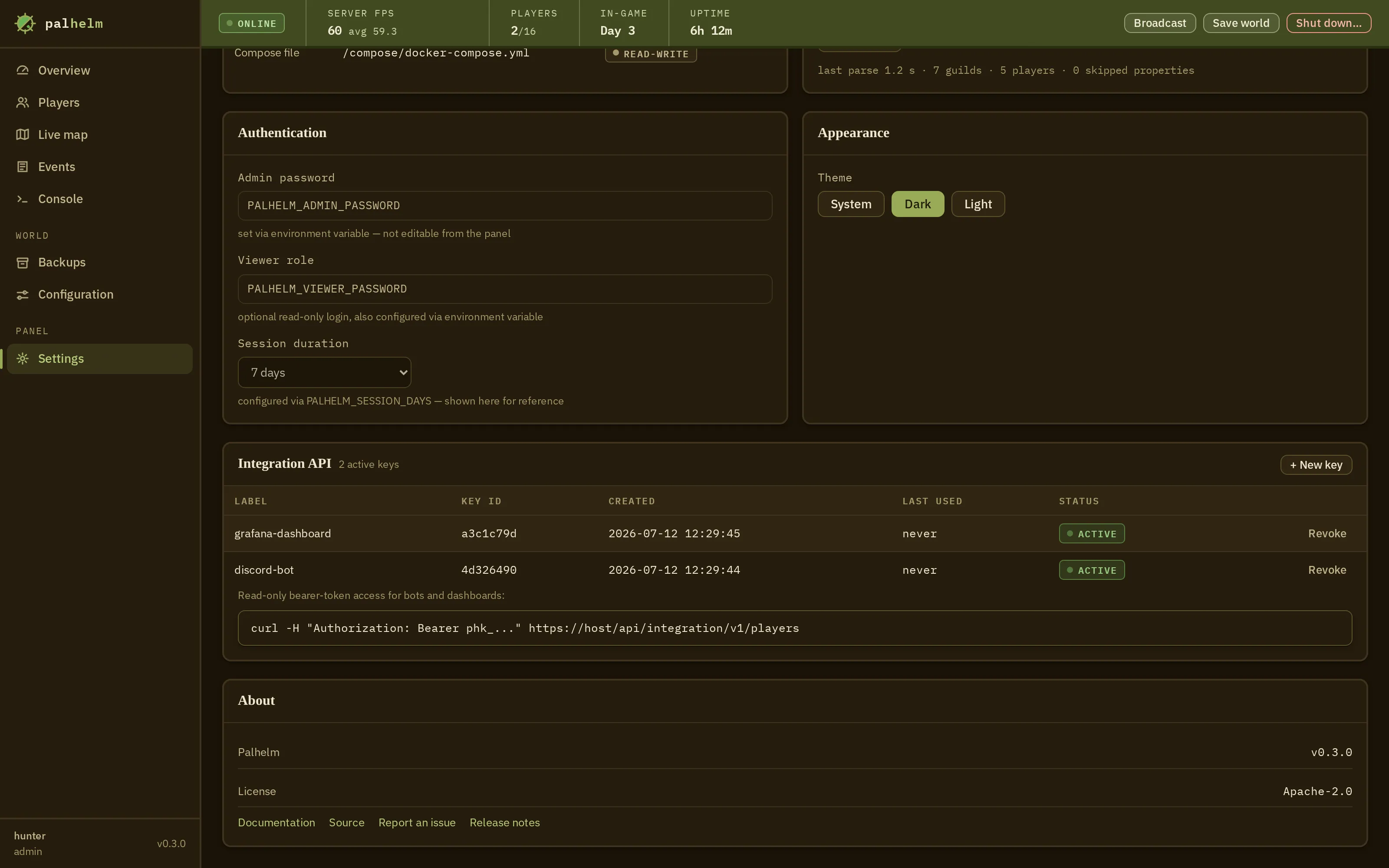 The settings screen: authentication values set through environment variables and shown for reference, an appearance theme switch for system, dark or light, and an Integration API panel listing active keys with created dates, status and a revoke action.